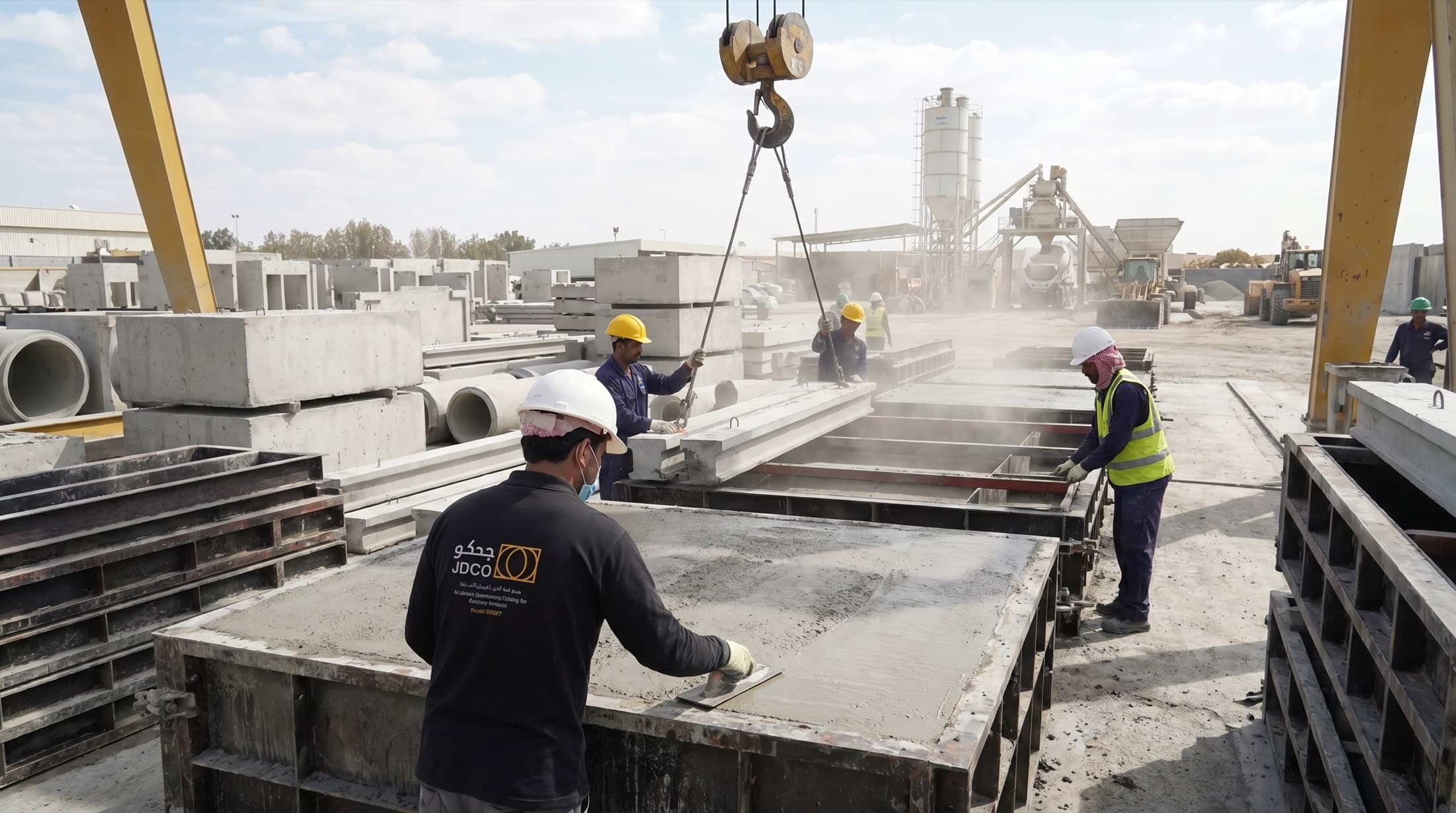 Overhead crane lifting cured precast units across the JDCO storage yard
